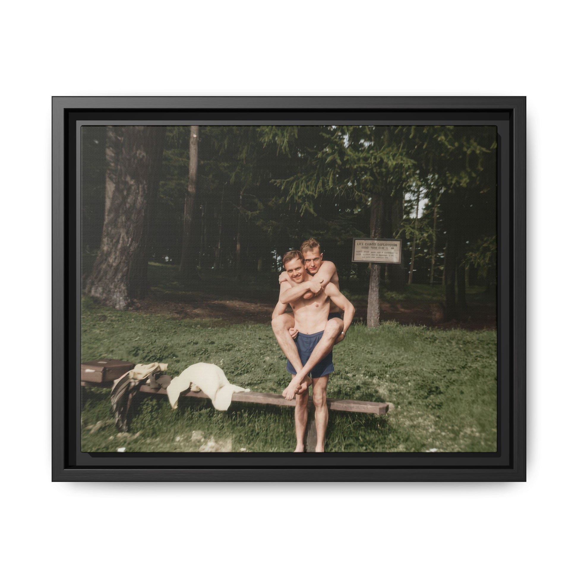 two men piggyback vintage photograph restored outdoor scene 