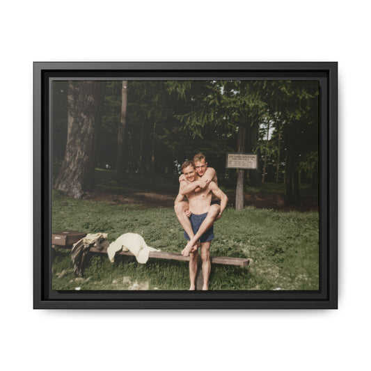two men piggyback vintage photograph restored outdoor scene 