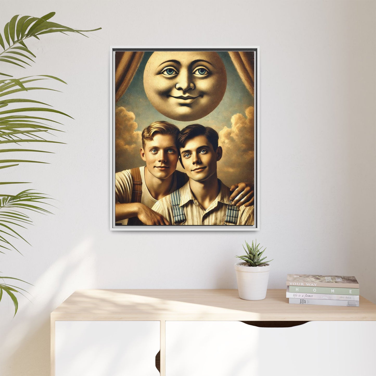 Framed matte canvas portrait featuring two young men in vintage overalls with a crescent moon prop above them. This artwork from the Missing Art Studies series reclaims LGBTQ+ imagery that may have been lost to bias, presenting warmth, intimacy, and presence.