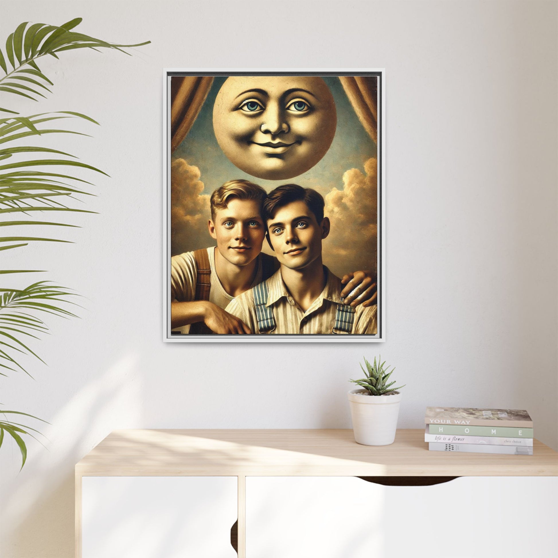 Framed matte canvas portrait featuring two young men in vintage overalls with a crescent moon prop above them. This artwork from the Missing Art Studies series reclaims LGBTQ+ imagery that may have been lost to bias, presenting warmth, intimacy, and presence.