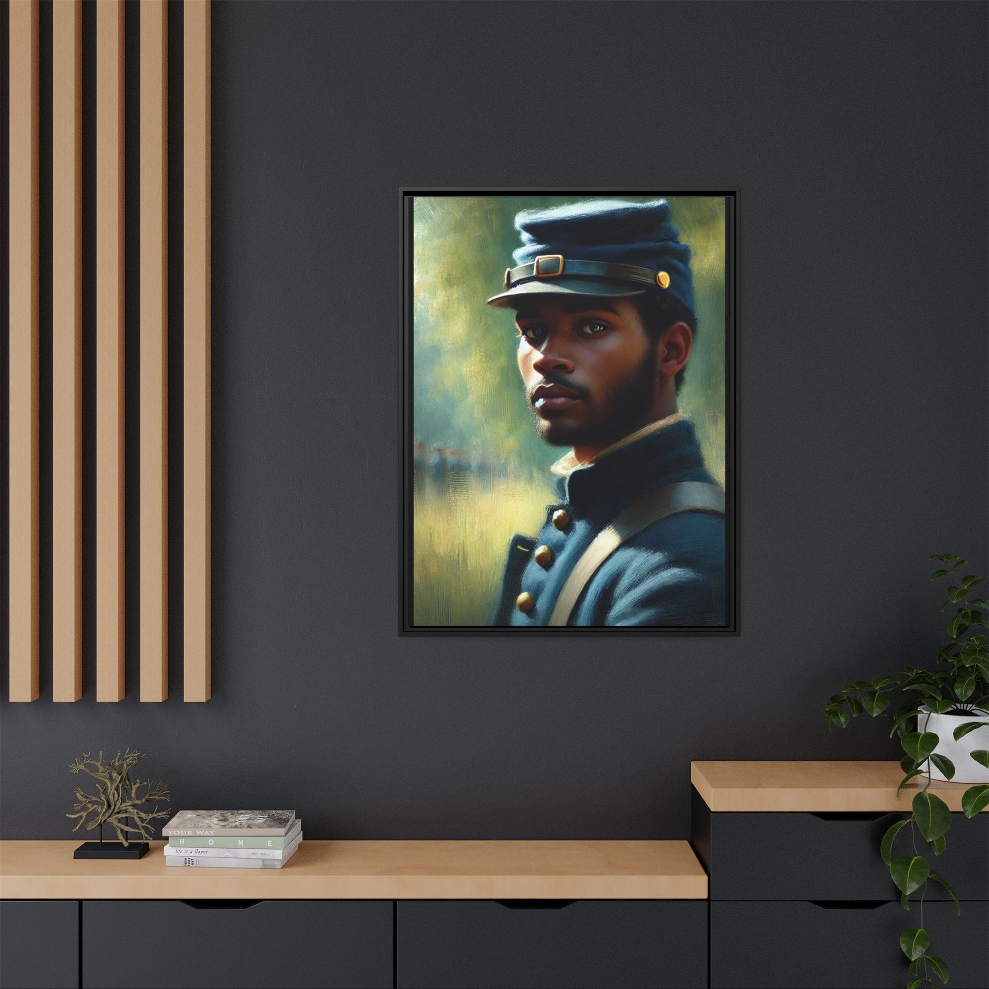 Portrait of an African American Civil War Union soldier in a kepi and navy wool coat, inspired by Walt Whitman’s Drum-Taps, honoring bravery, sacrifice, and resilience.