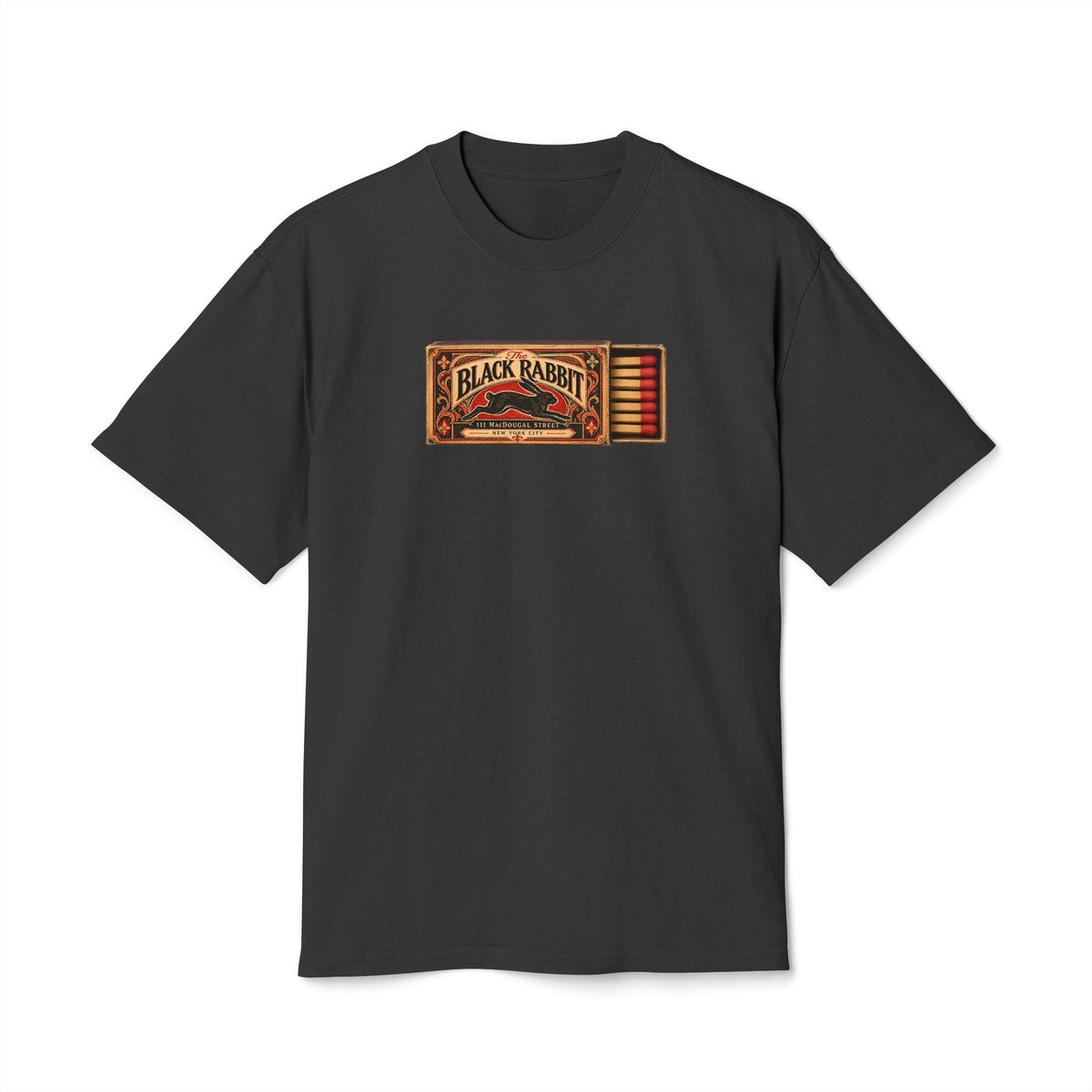 Walt & Pete The Black Rabbit heritage T-shirt featuring coordinated vintage matchbook front artwork and circular rabbit emblem on the back.