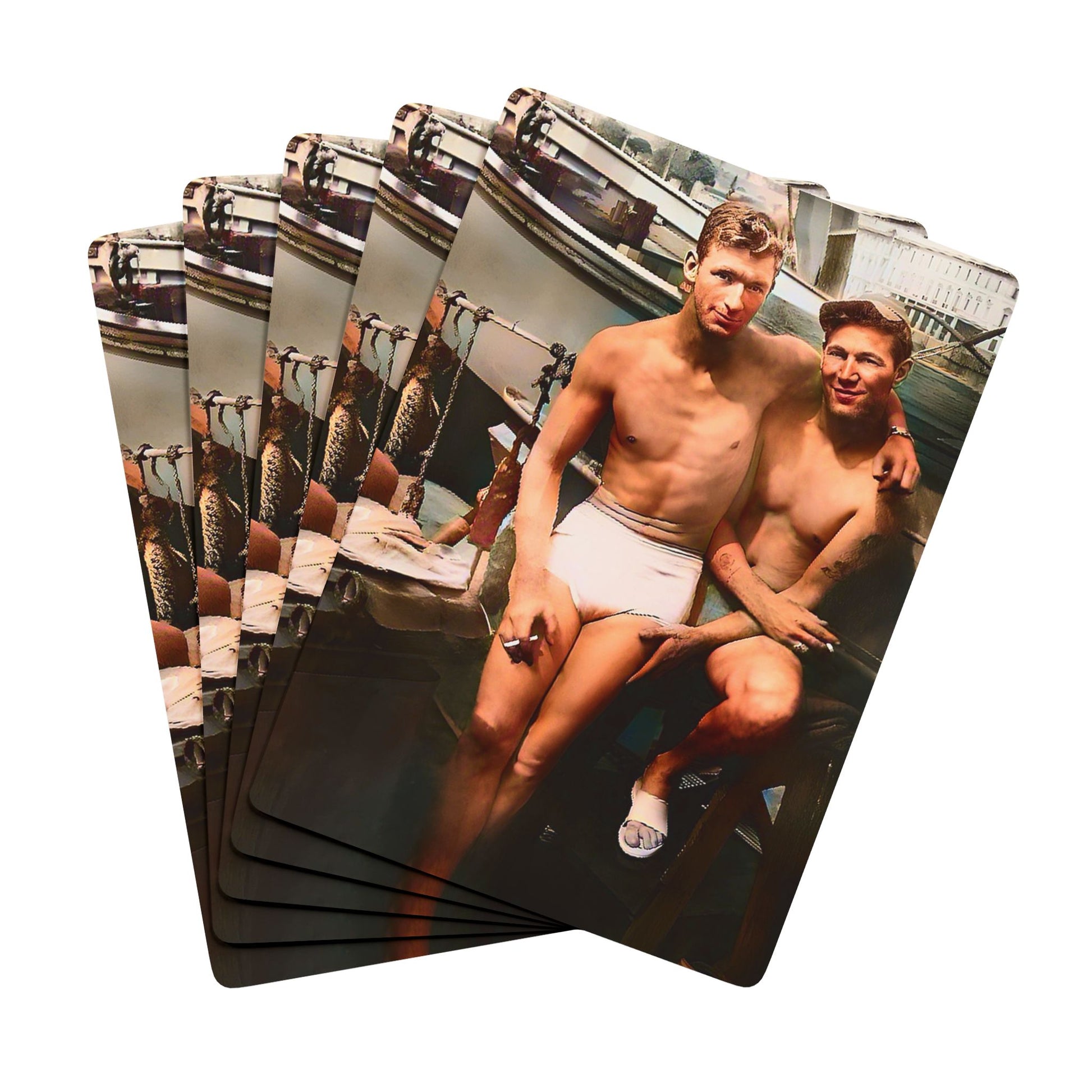 Vintage poker cards featuring a restored photo of two shirtless men with maritime surroundings, honoring LGBTQ+ love and history.