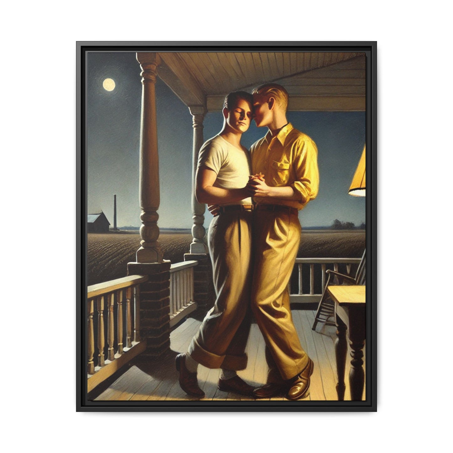 Artwork of a gay couple standing on a farmhouse porch under the moonlight, inspired by Grant Wood’s style.