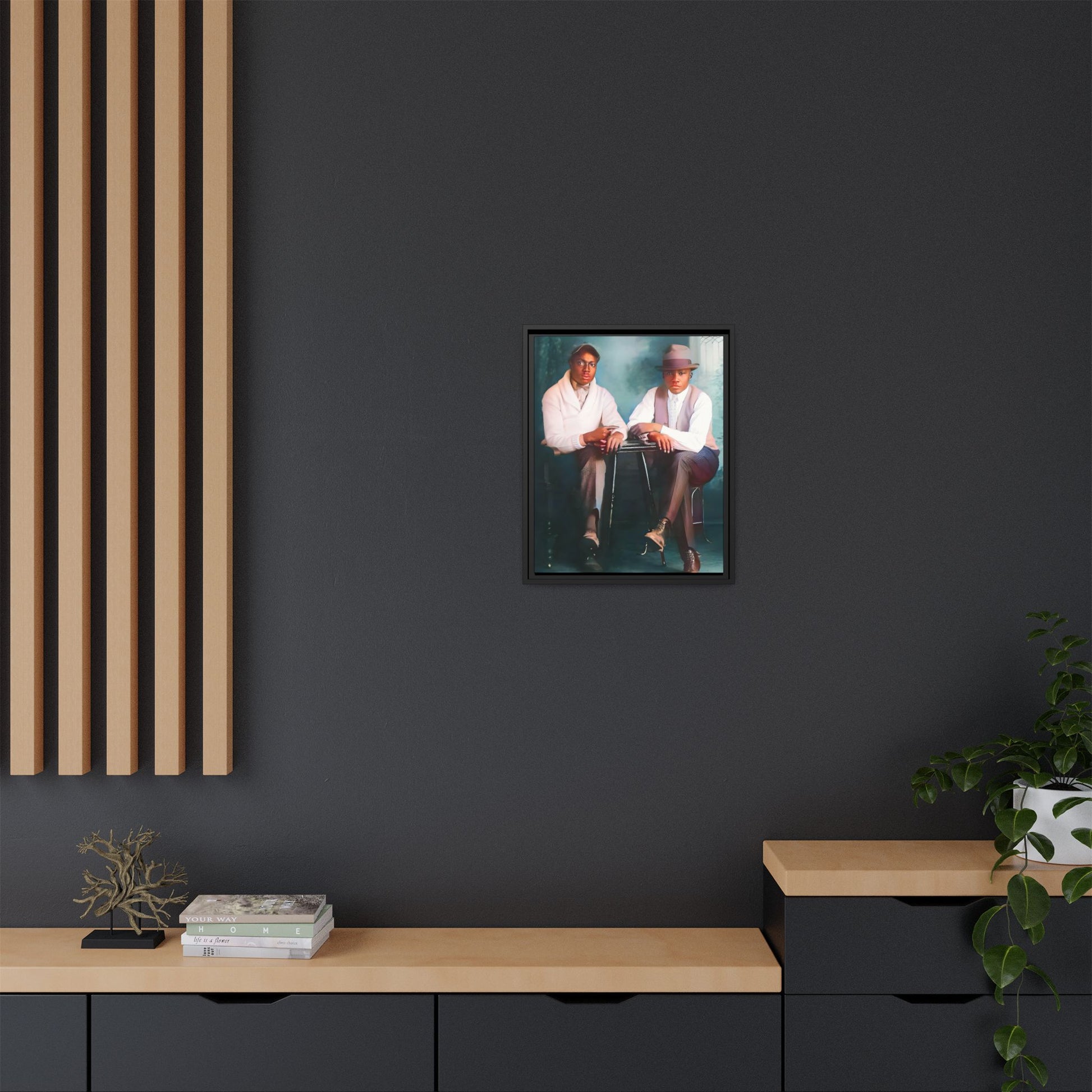 Restored vintage 1930s photo of Denzel & Jacob, African-American couple seated at a café in Little Rock AR, framed canvas art.