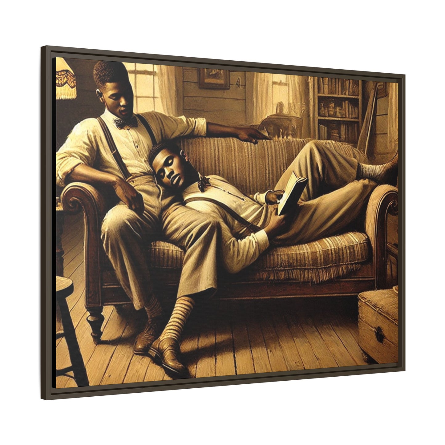 Framed artwork of an African-American gay couple sharing an intimate moment on a rustic sofa, inspired by Grant Wood’s style