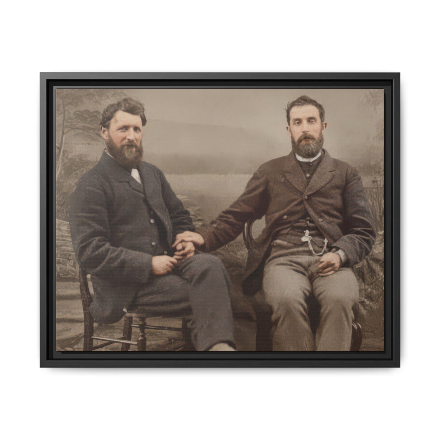 Late 19th century historical portrait with joined hands and landscape studio background