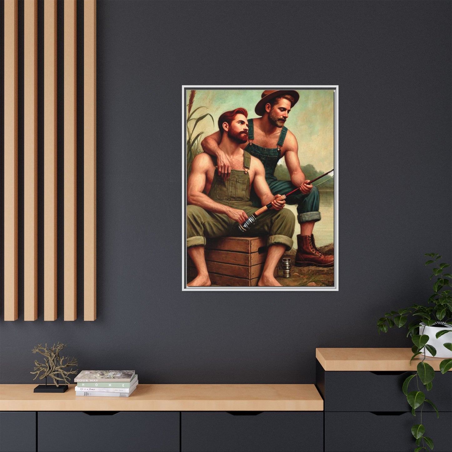 Vintage-style artwork of a gay couple fishing by a tranquil lake in the 1930s, celebrating love and nature.