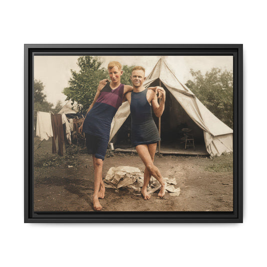 Early 20th-century camp scene wall art with two men and canvas tent 