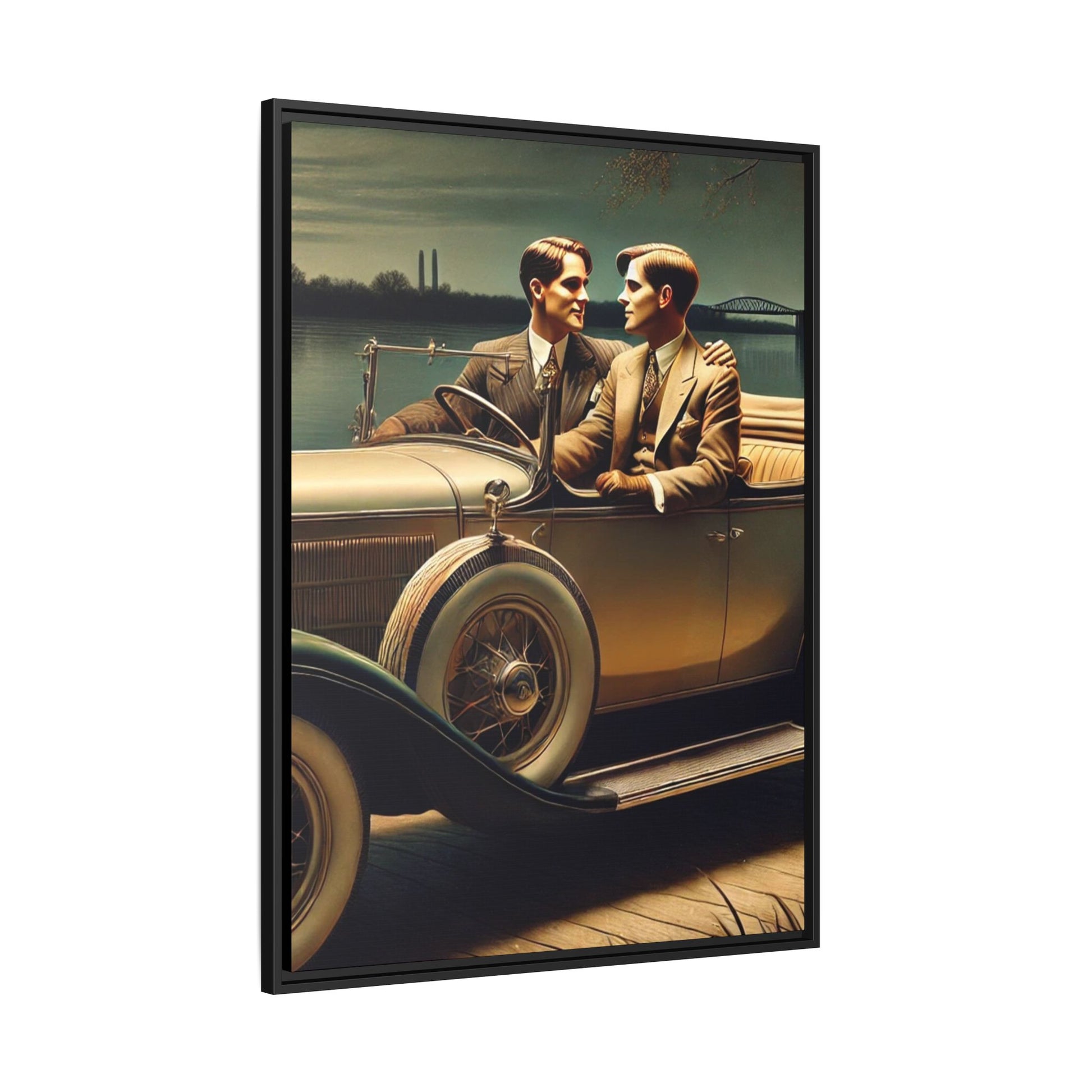 Vintage-style artwork of a gay couple in a 1930 Packard car by the Mississippi River under moonlight, celebrating love and history.