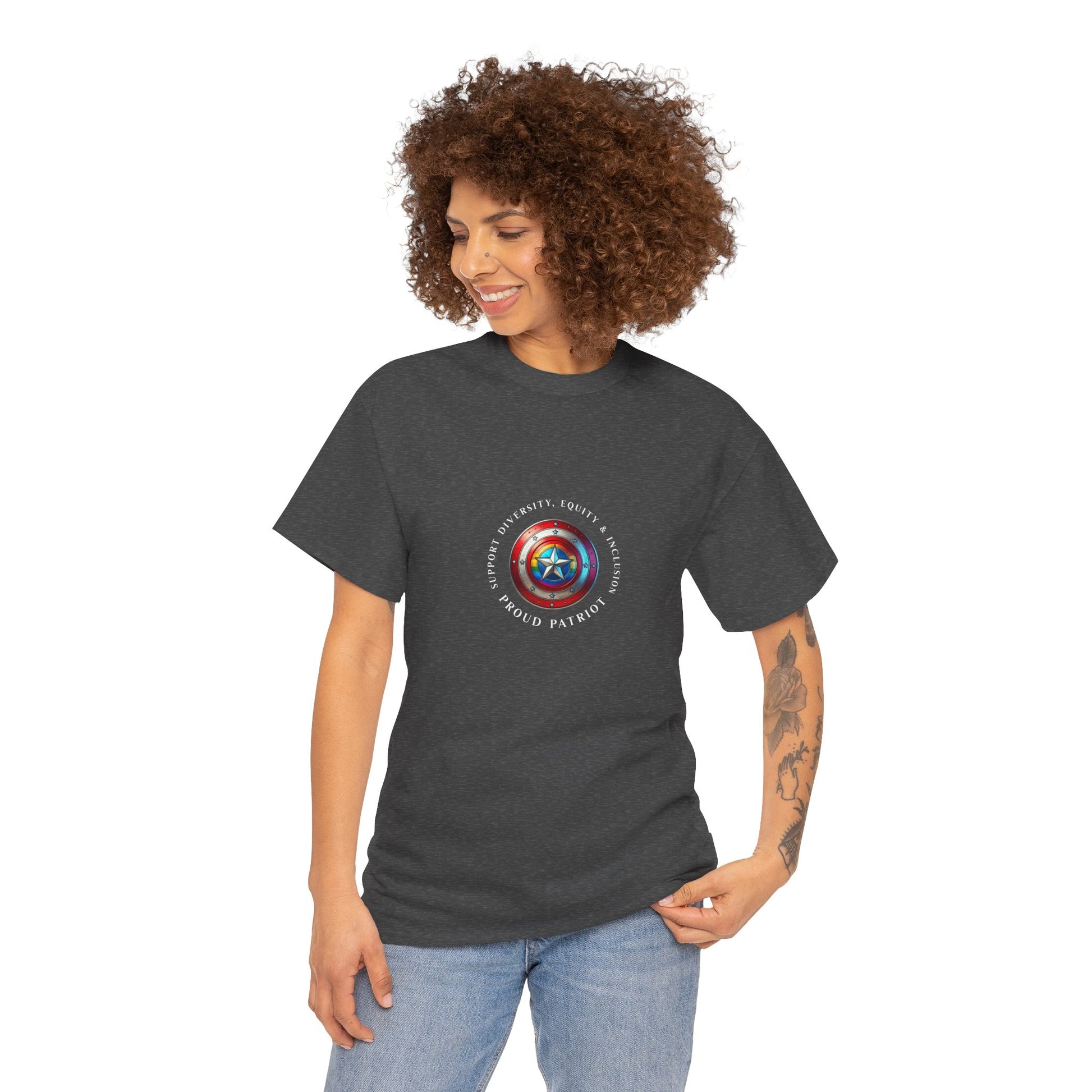 Vibrant DEI shield design on a unisex t-shirt celebrating diversity, equity, inclusion, and patriotism with a rainbow and star emblem.