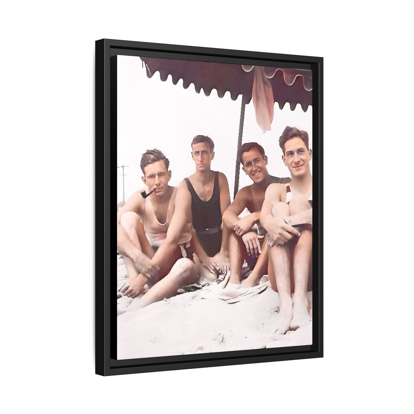 Restored vintage 1920s photograph of men enjoying a sunny beach day in Asbury Park, New Jersey, under a striped canopy. Framed matte canvas print celebrating LGBTQ+ history, joy, and camaraderie. Gay Friends