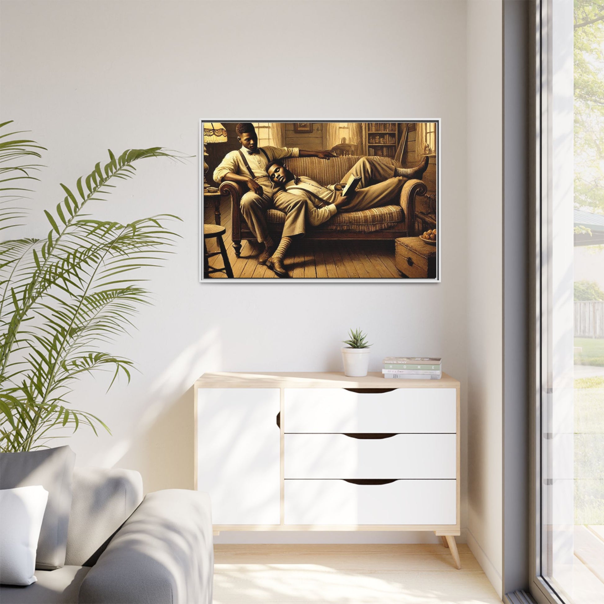 Framed artwork of an African-American gay couple sharing an intimate moment on a rustic sofa, inspired by Grant Wood’s style