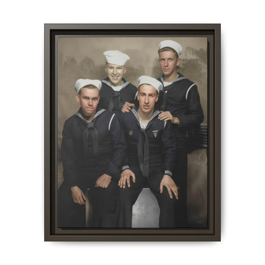 Four men arranged in two rows, with the standing figures resting hands on a seated man's shoulders, against a painted backdrop.