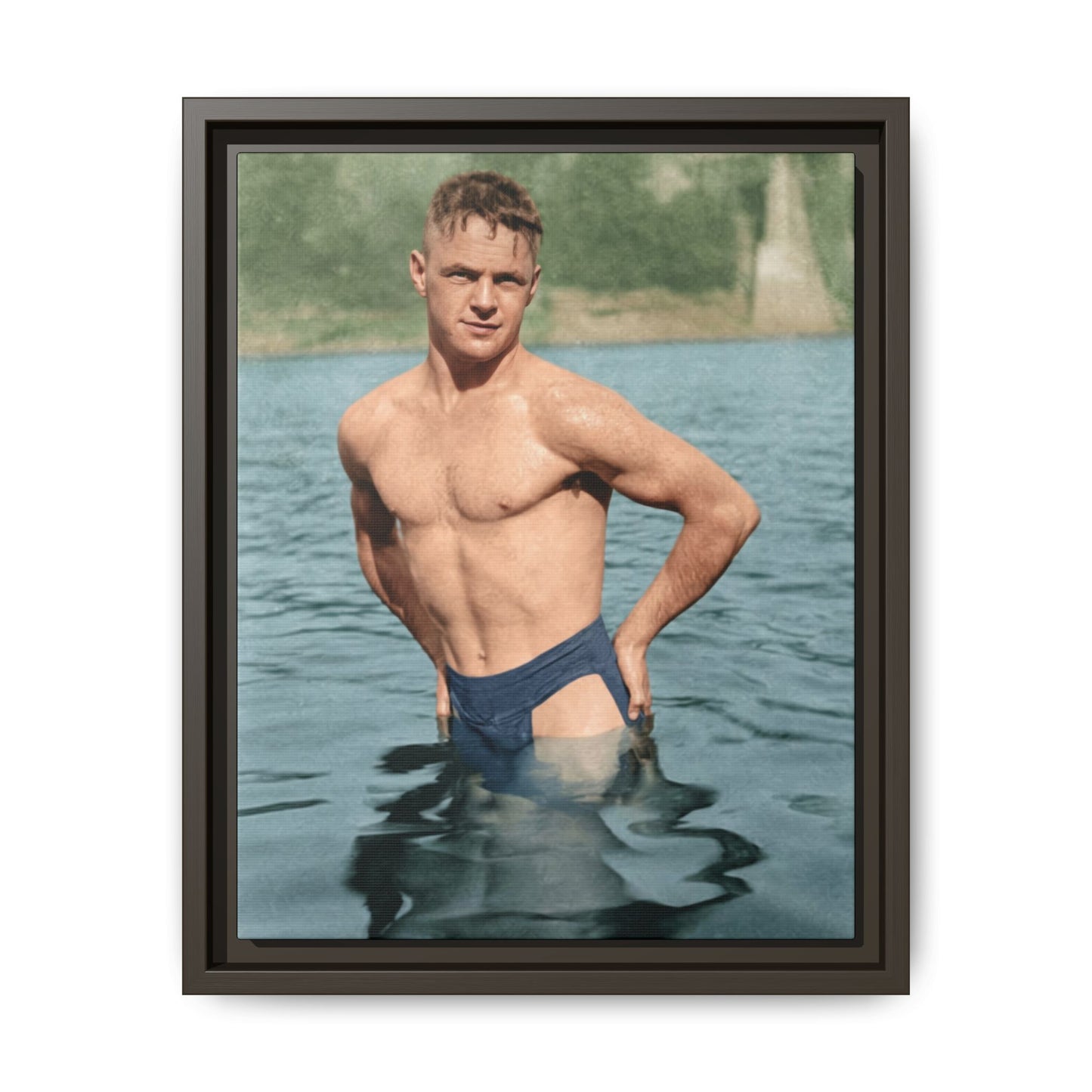 Historical bathing photograph reproduced as matte canvas with calm water and distant shoreline 