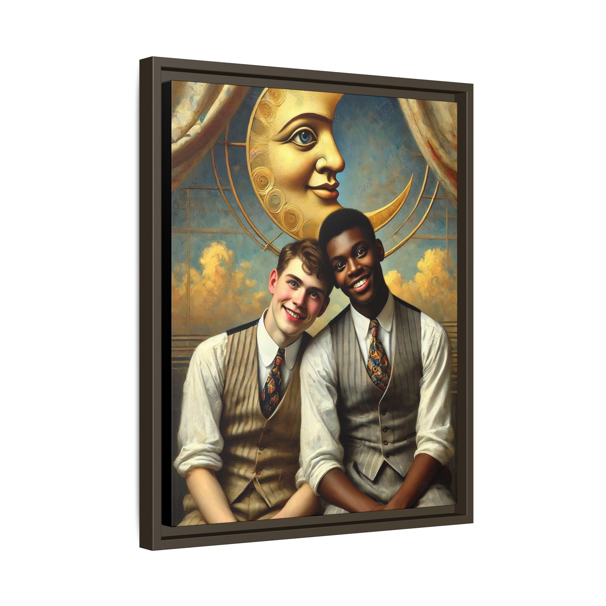 A vintage-style artwork showing a young interracial gay couple in 1920s attire sitting beneath a golden crescent moon with a serene expression. Their joyful closeness reclaims erased queer history and reflects the beauty of interracial love through a lens of tenderness and celebration.