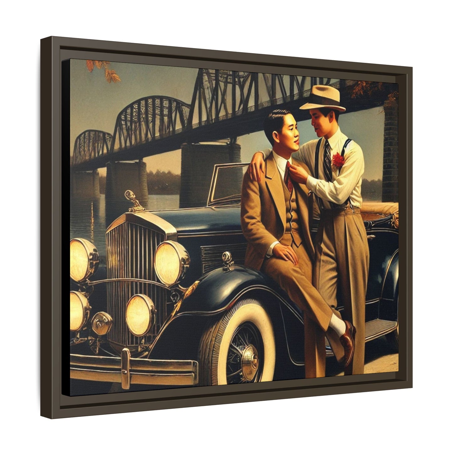 Exquisite vintage-style artwork of a gay Asian-American couple from the 1930s with a 1930 Packard car, celebrating love and inclusivity along the Mississippi River.