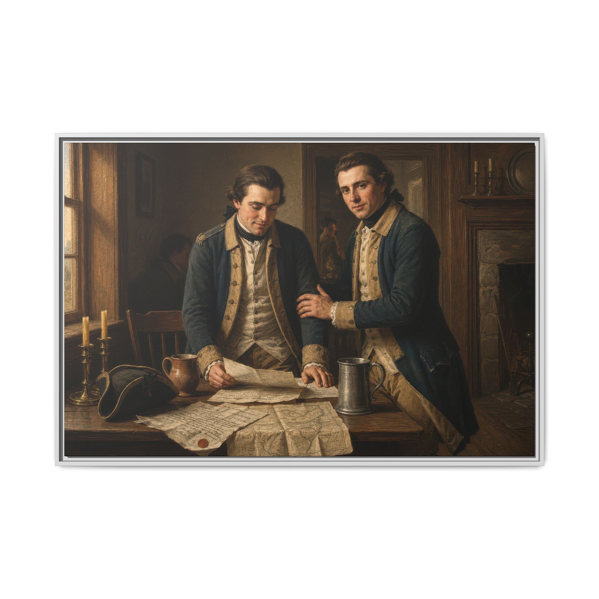 Museum-inspired Revolutionary War portrait of Continental Army officers reviewing campaign documents beside maps, candles, and pewter mugs