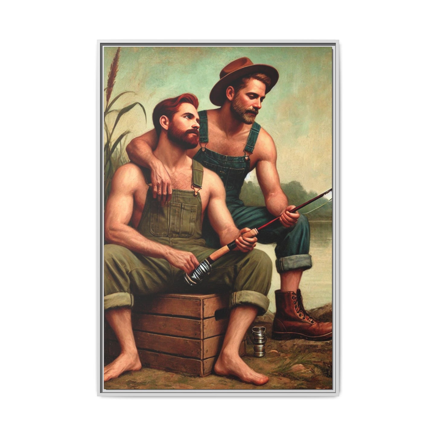 Vintage-style artwork of a gay couple fishing by a tranquil lake in the 1930s, celebrating love and nature.