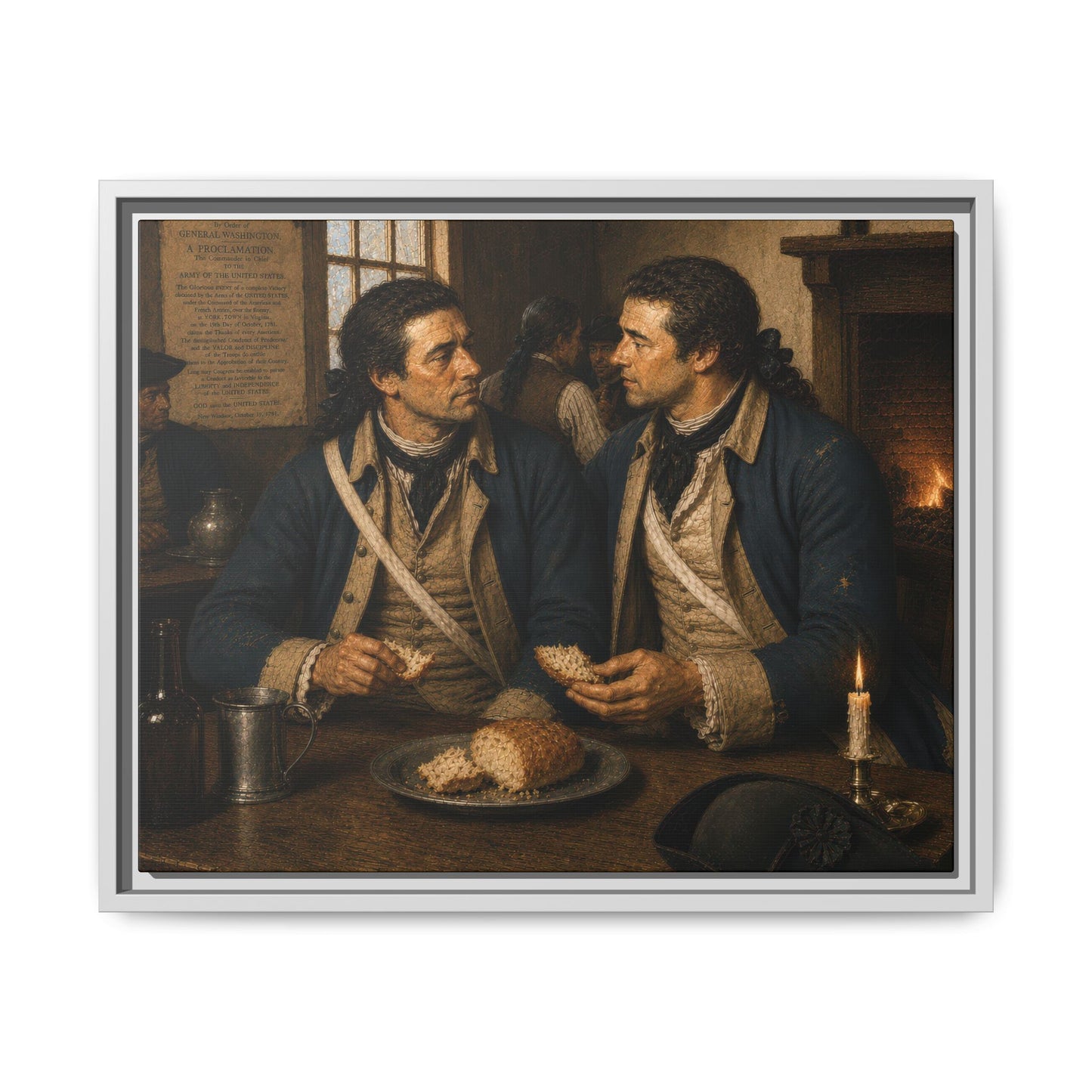 Museum-inspired Revolutionary War canvas showing Continental soldiers sharing bread and conversation near a hearth after Yorktown.