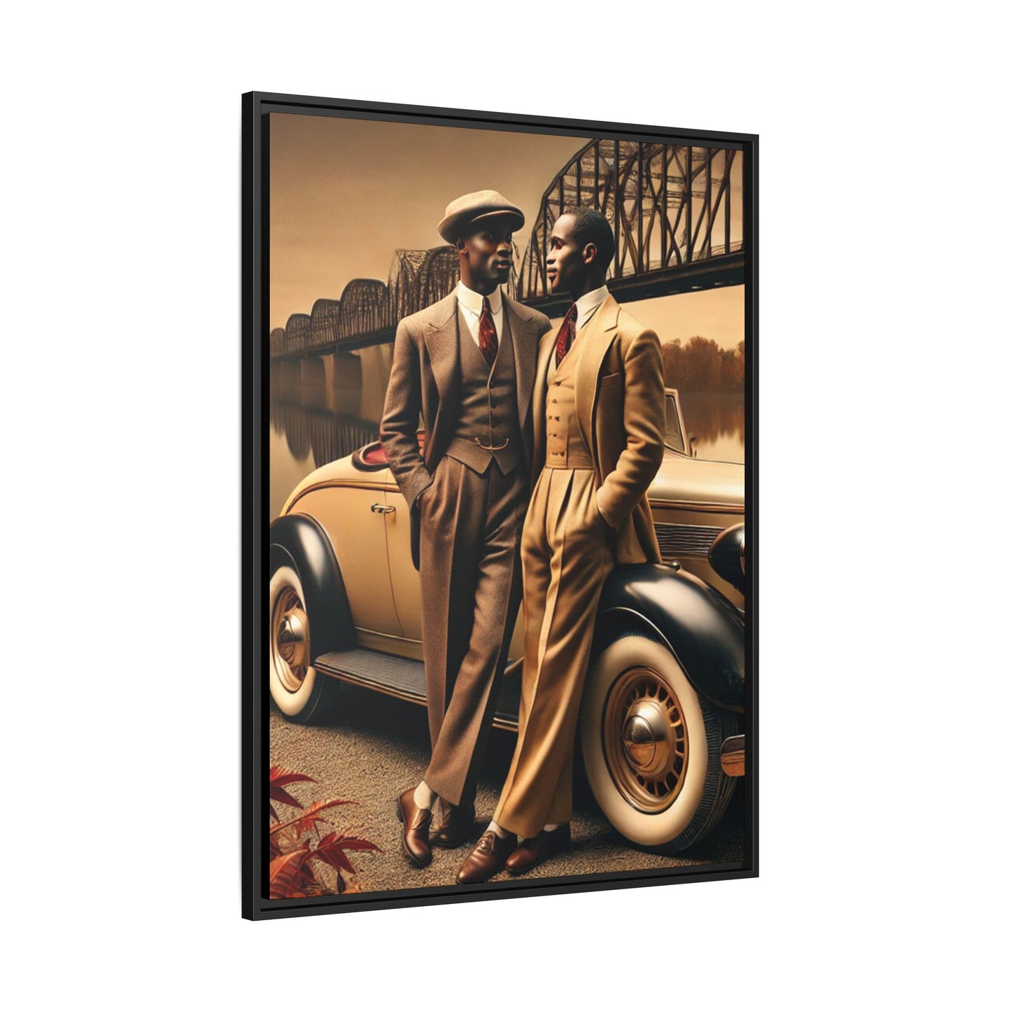 Vintage-style artwork of an African-American gay couple in the 1930s by the Mississippi River with a Packard car, celebrating love and resilience.