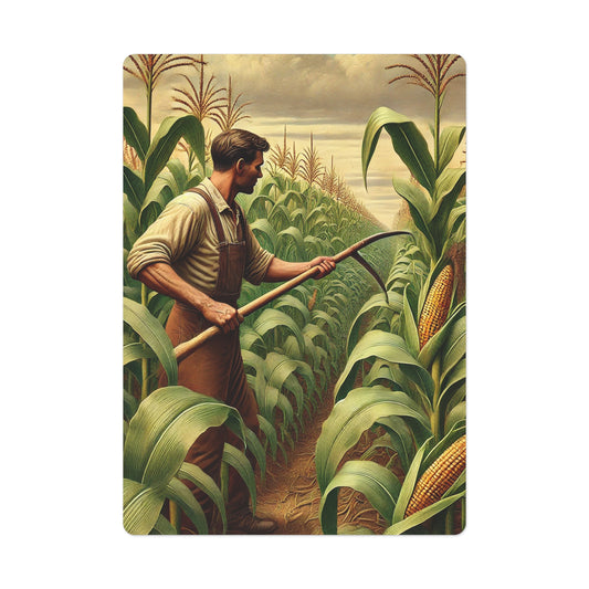 Poker cards featuring a Grant Wood-inspired rural design with a farmer in a golden cornfield under an overcast sky.