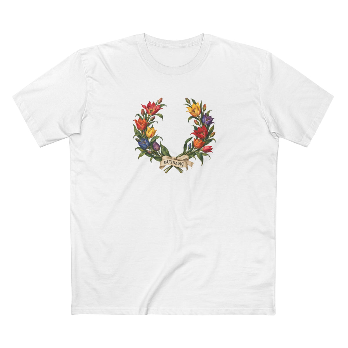 Turkmen Wild Tulip Buýsanç Pride Laurel Wreath T-Shirt — Unfolding Strength