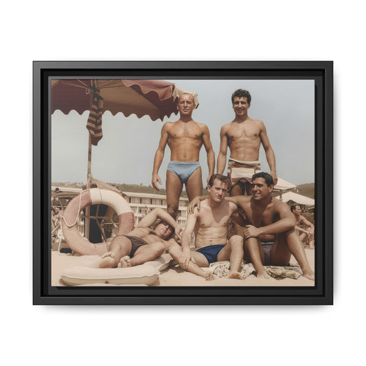 Vintage beach group photograph framed canvas wall art with parasol and lifebuoy 