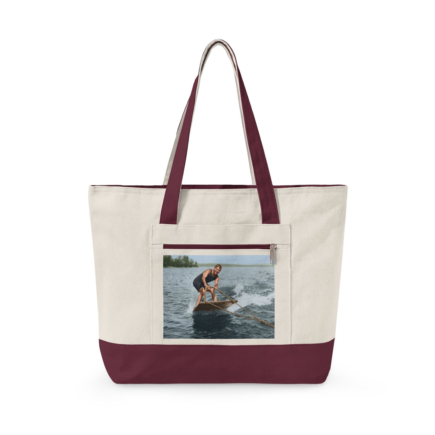 Restored summer lake scene zippered canvas tote bag 