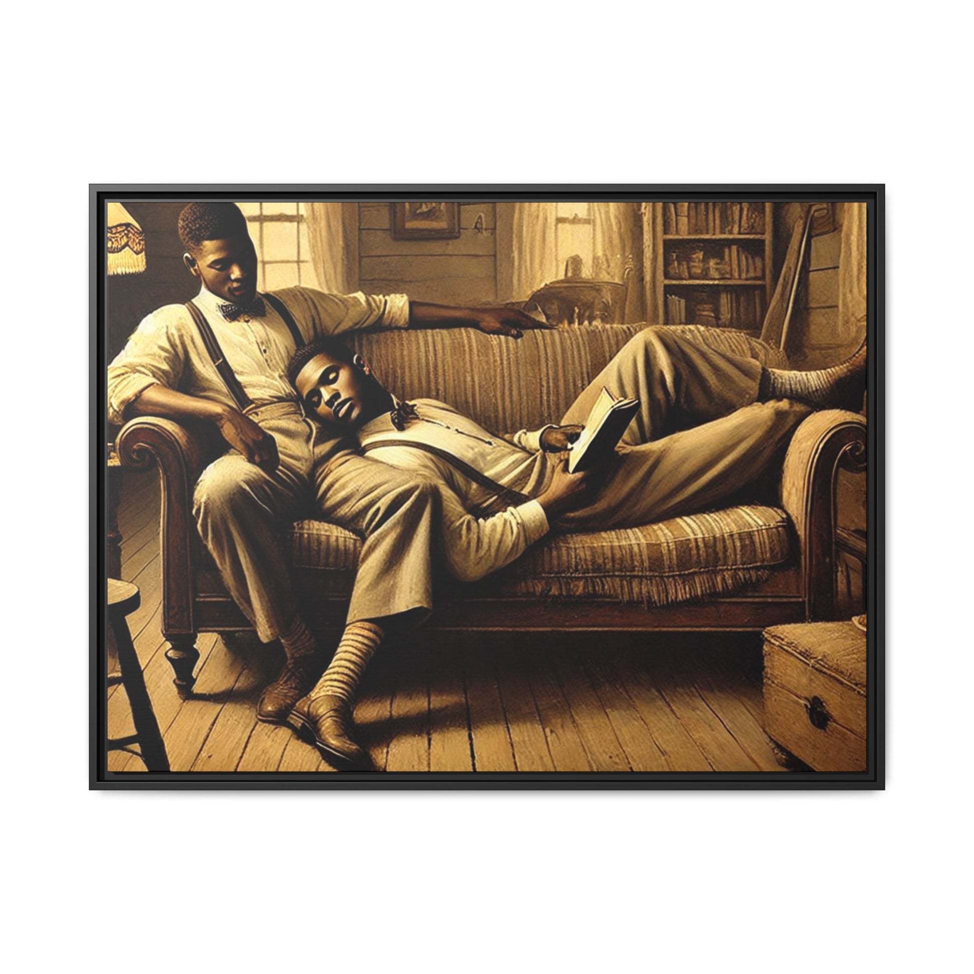 Framed artwork of an African-American gay couple sharing an intimate moment on a rustic sofa, inspired by Grant Wood’s style