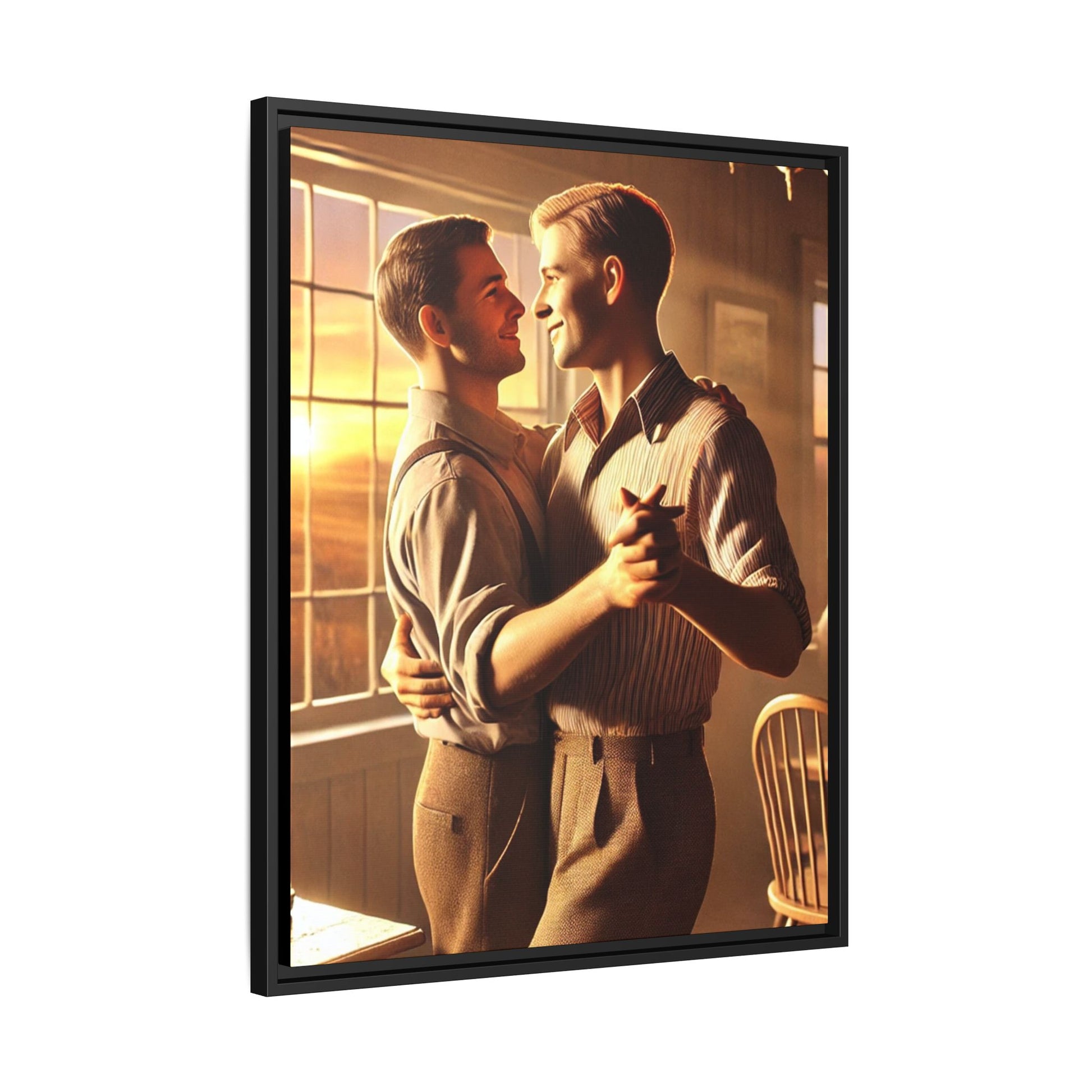 Art of a gay couple dancing in a sunlit dining room, inspired by Grant Wood’s Americana style and celebrating love.