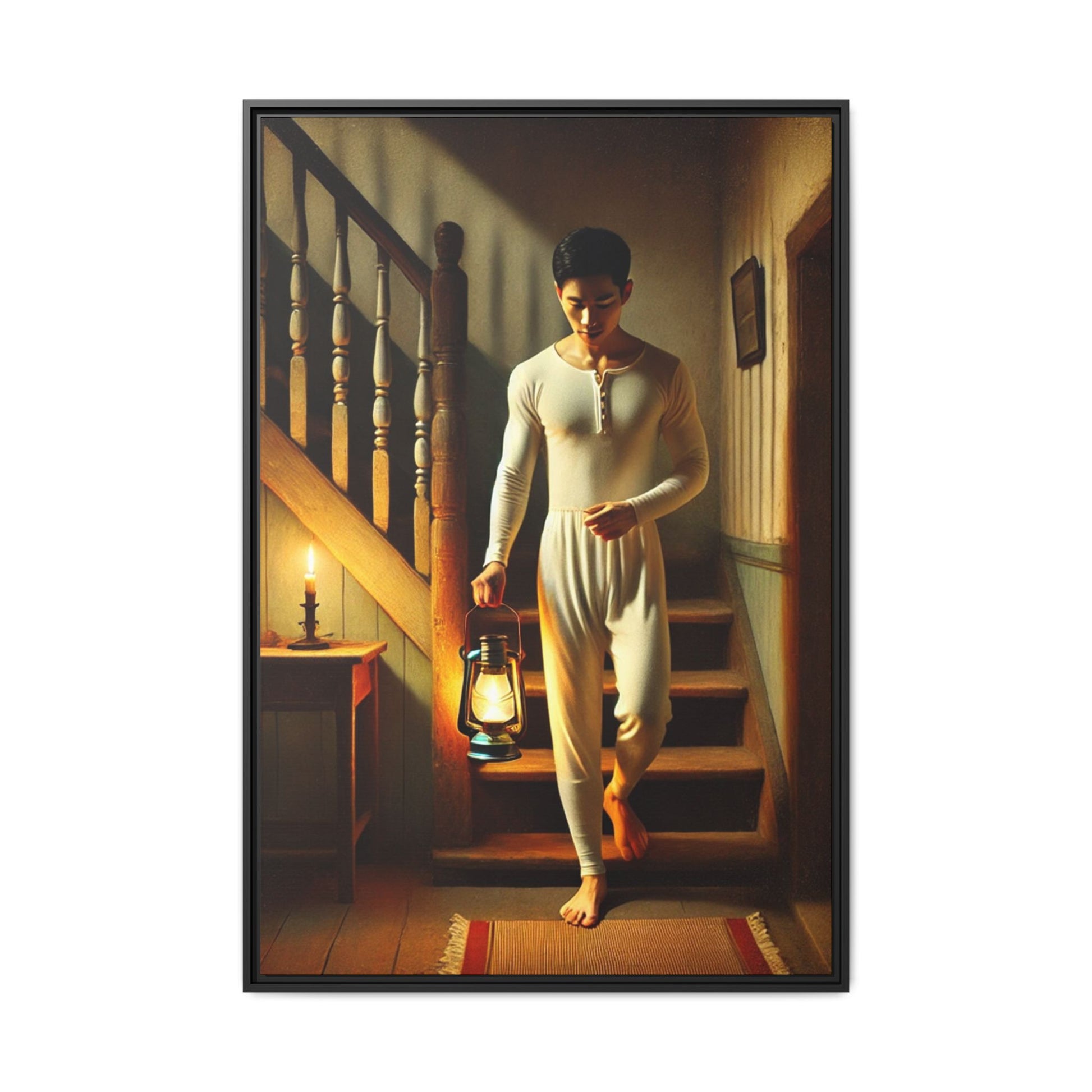 Framed artwork of an Asian-American man wearing long johns underwear holding a lantern on a staircase, inspired by Grant Wood’s style.