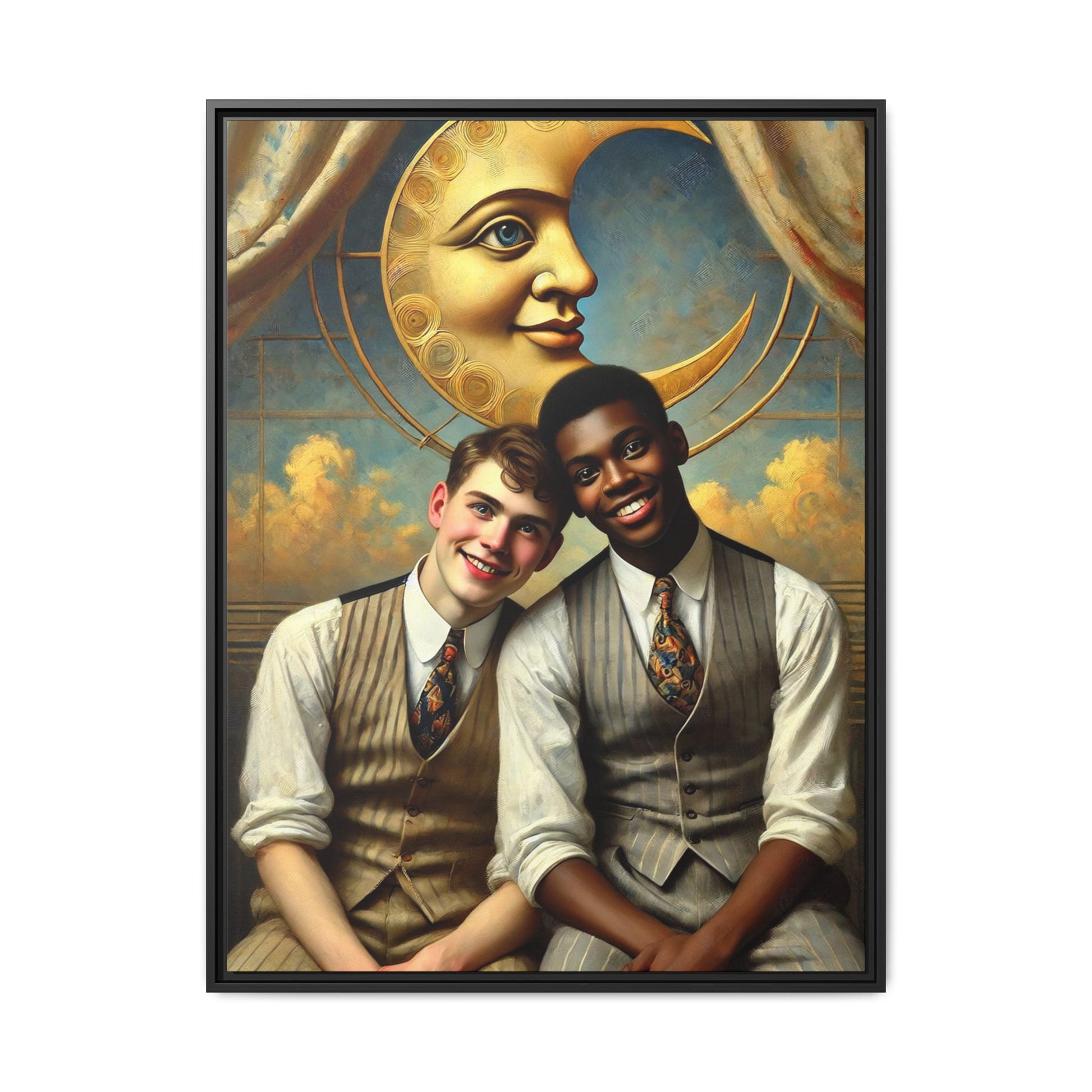 A vintage-style artwork showing a young interracial gay couple in 1920s attire sitting beneath a golden crescent moon with a serene expression. Their joyful closeness reclaims erased queer history and reflects the beauty of interracial love through a lens of tenderness and celebration.