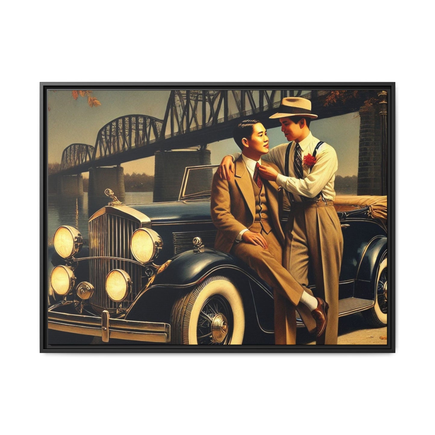 Exquisite vintage-style artwork of a gay Asian-American couple from the 1930s with a 1930 Packard car, celebrating love and inclusivity along the Mississippi River.