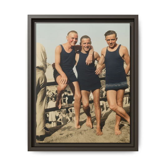 Framed matte canvas wall art showing an interwar seaside group portrait in period bathing attire 