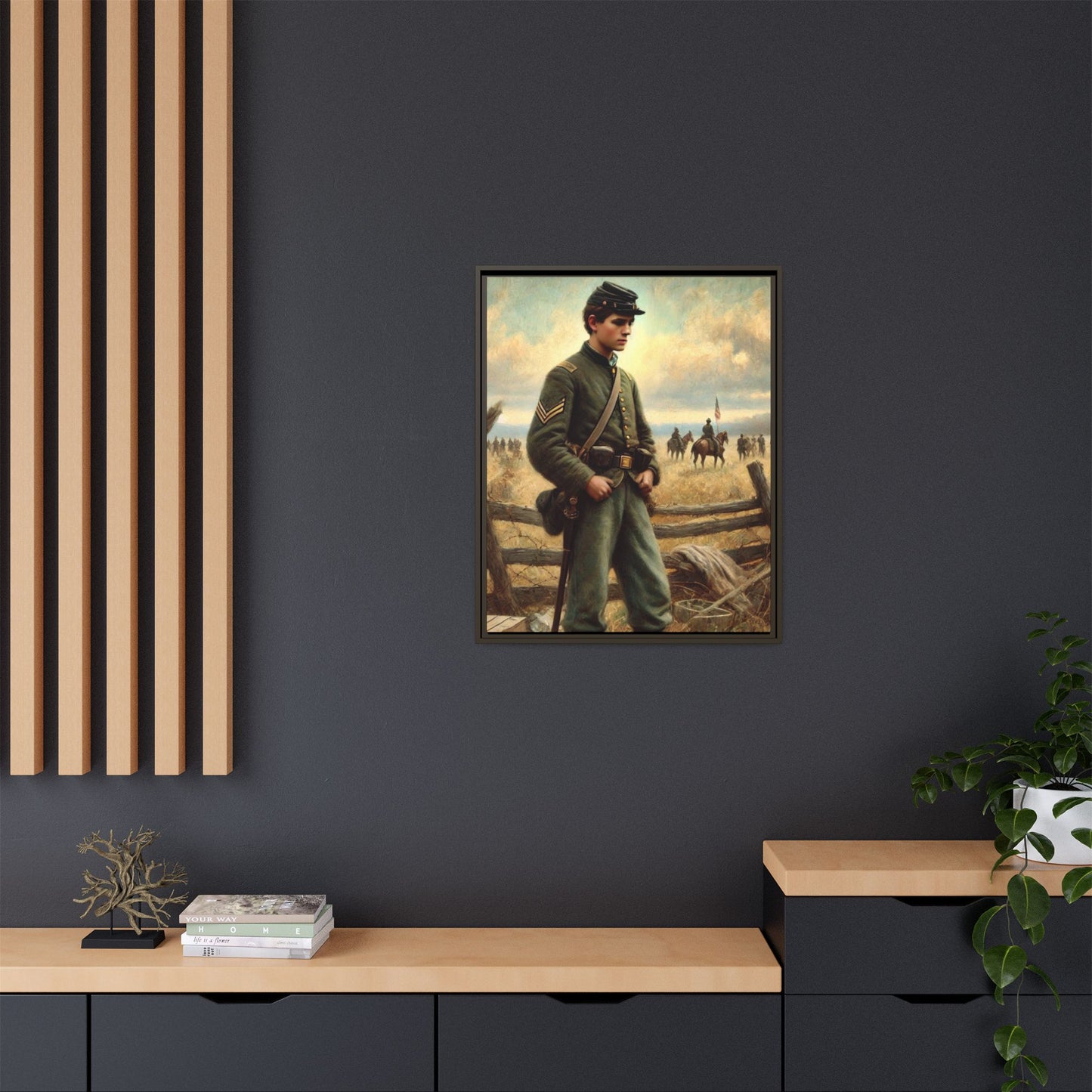 Framed artwork of a young Civil War Union soldier inspired by Walt Whitman’s Drum-Taps poems and Grant Wood's style, depicting battlefield sacrifice, humanity, and historical charm.