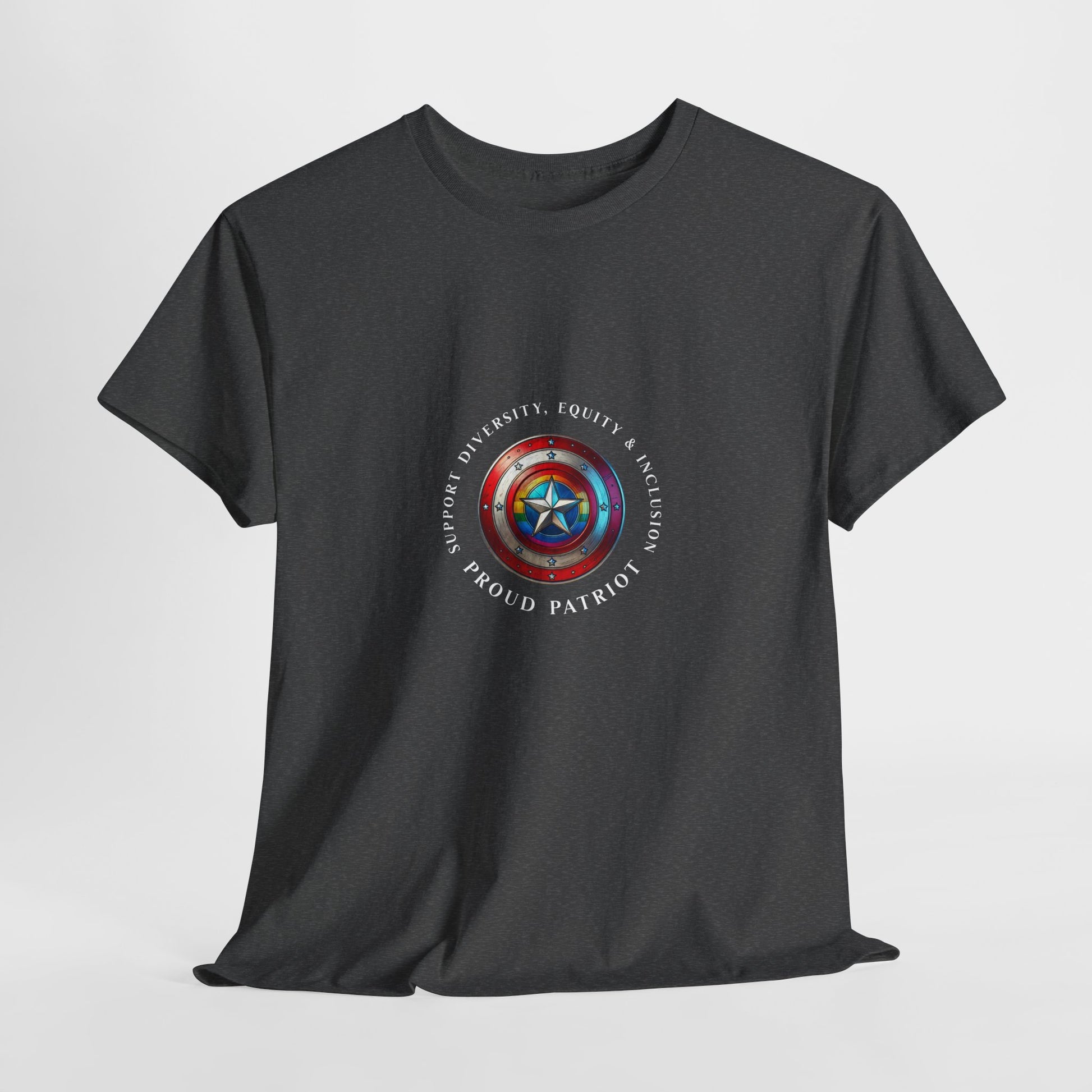 Vibrant DEI shield design on a unisex t-shirt celebrating diversity, equity, inclusion, and patriotism with a rainbow and star emblem.