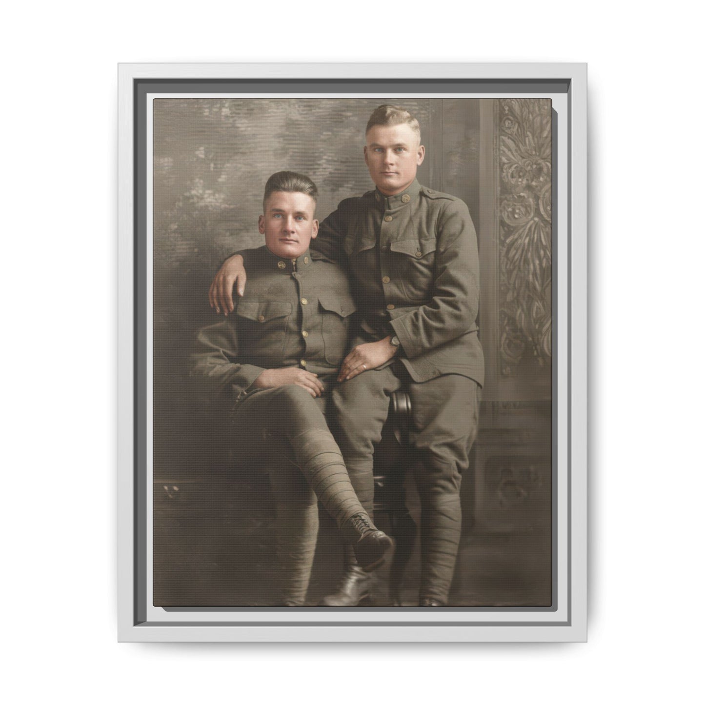 Historical studio photograph of two seated and standing uniformed figures restored as wall art