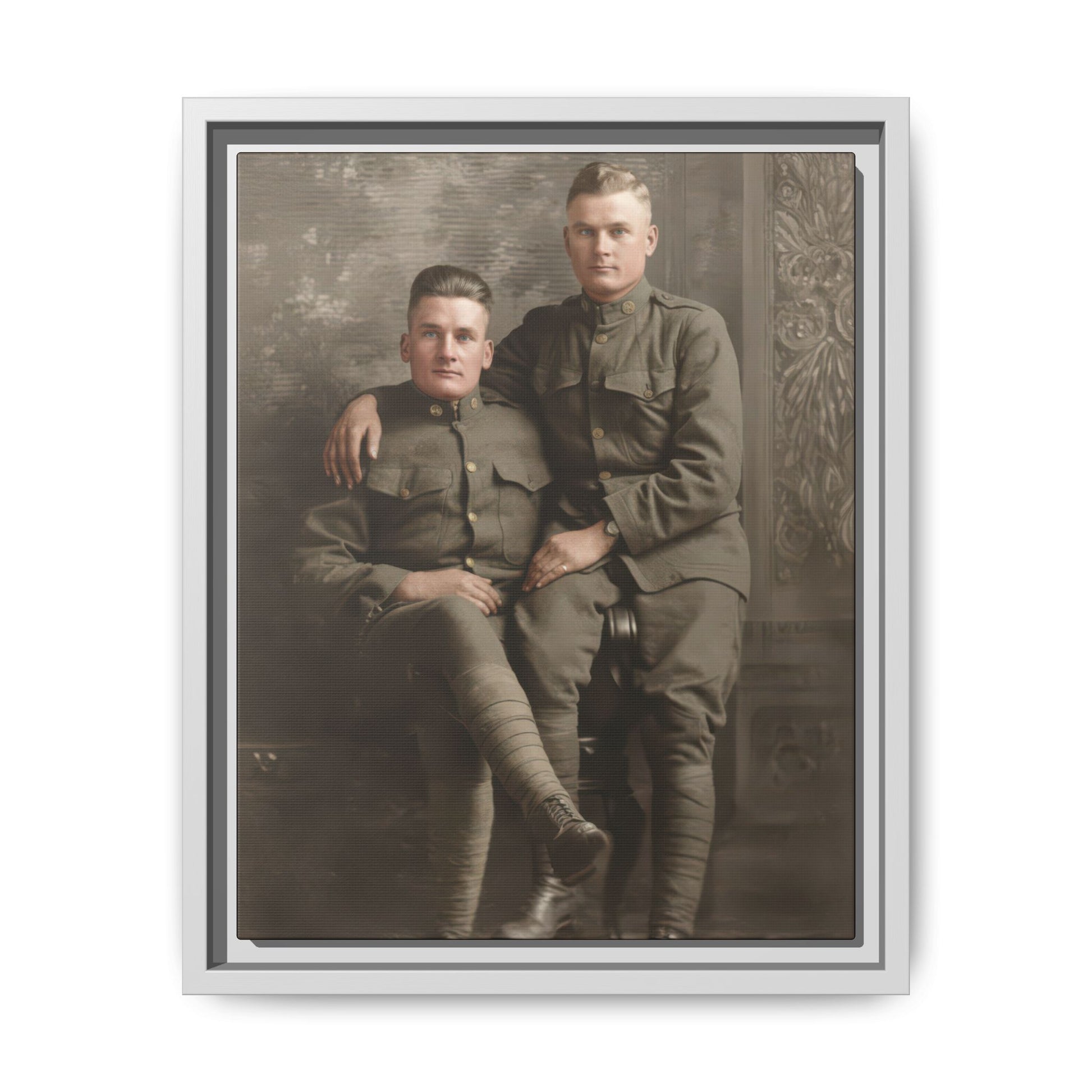 Historical studio photograph of two seated and standing uniformed figures restored as wall art