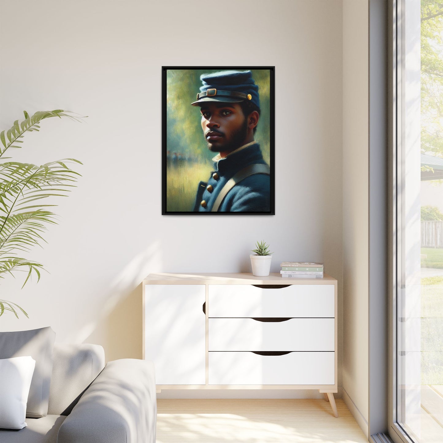 Portrait of an African American Civil War Union soldier in a kepi and navy wool coat, inspired by Walt Whitman’s Drum-Taps, honoring bravery, sacrifice, and resilience.