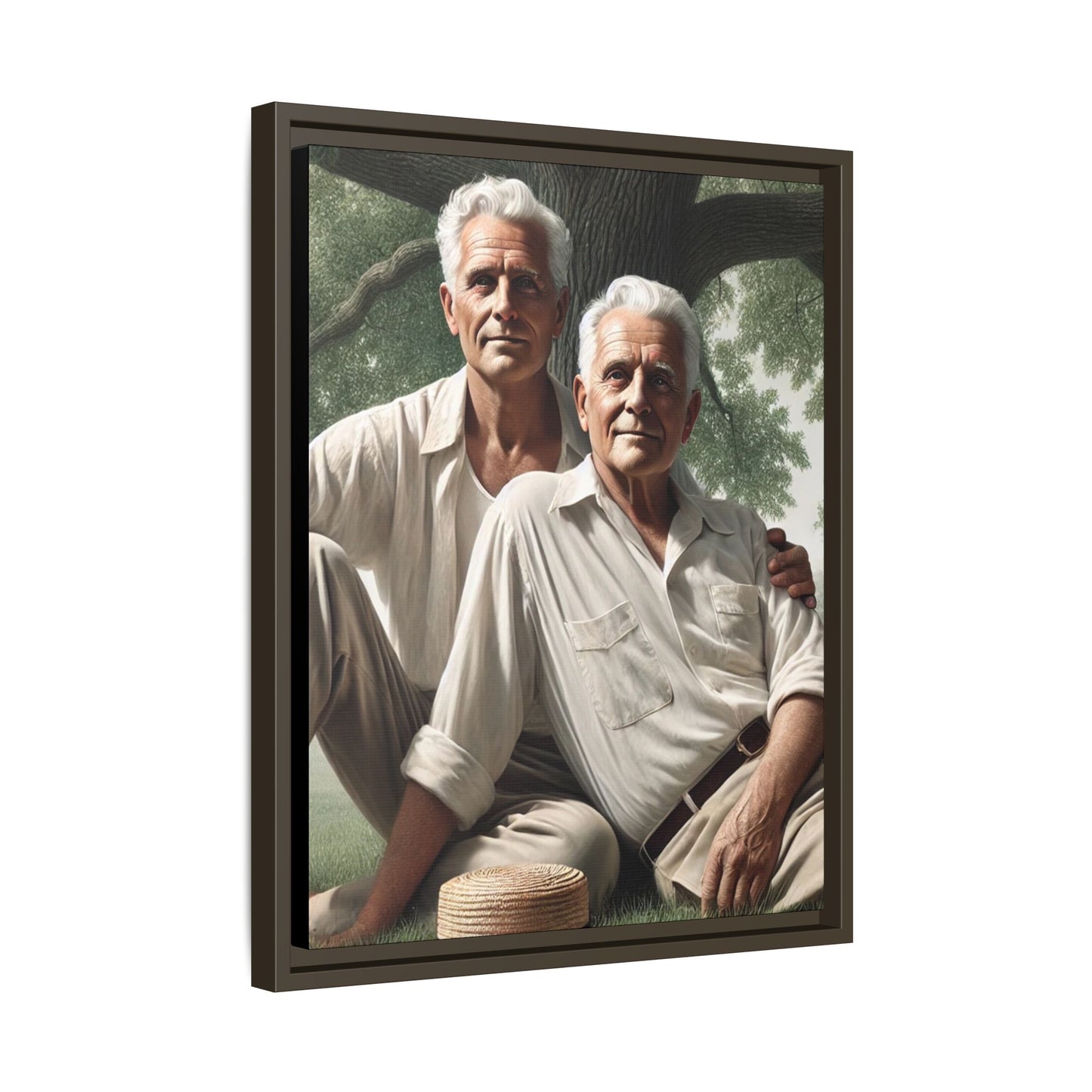 Hyper-realistic painting of an elderly gay couple in 1930s vintage attire under a leafy tree, celebrating love and resilience.