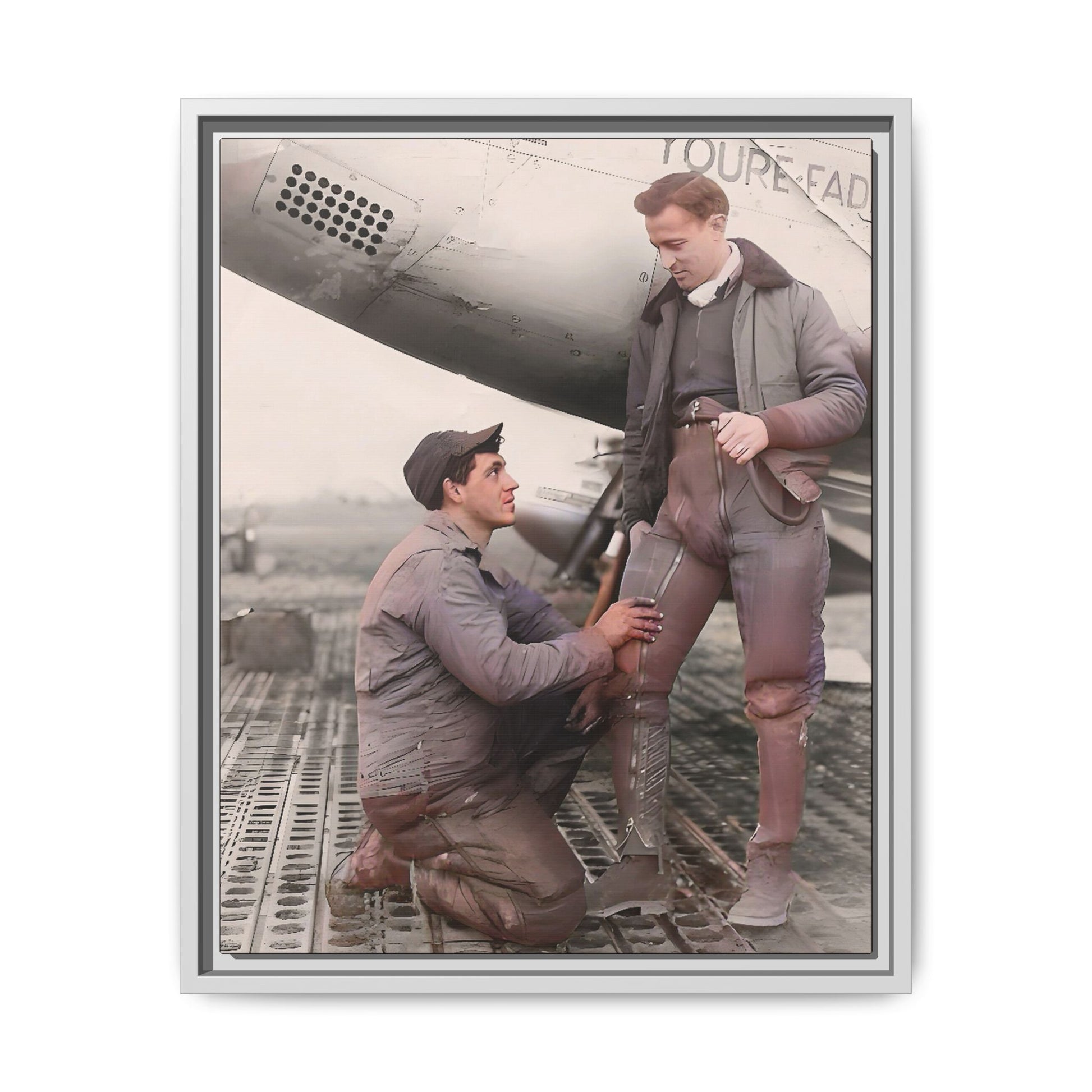 Restored vintage photo of Frank & Albert, a WWII pilot and mechanic on the USS Hornet, framed matte canvas art. US Airforce Gay Couple