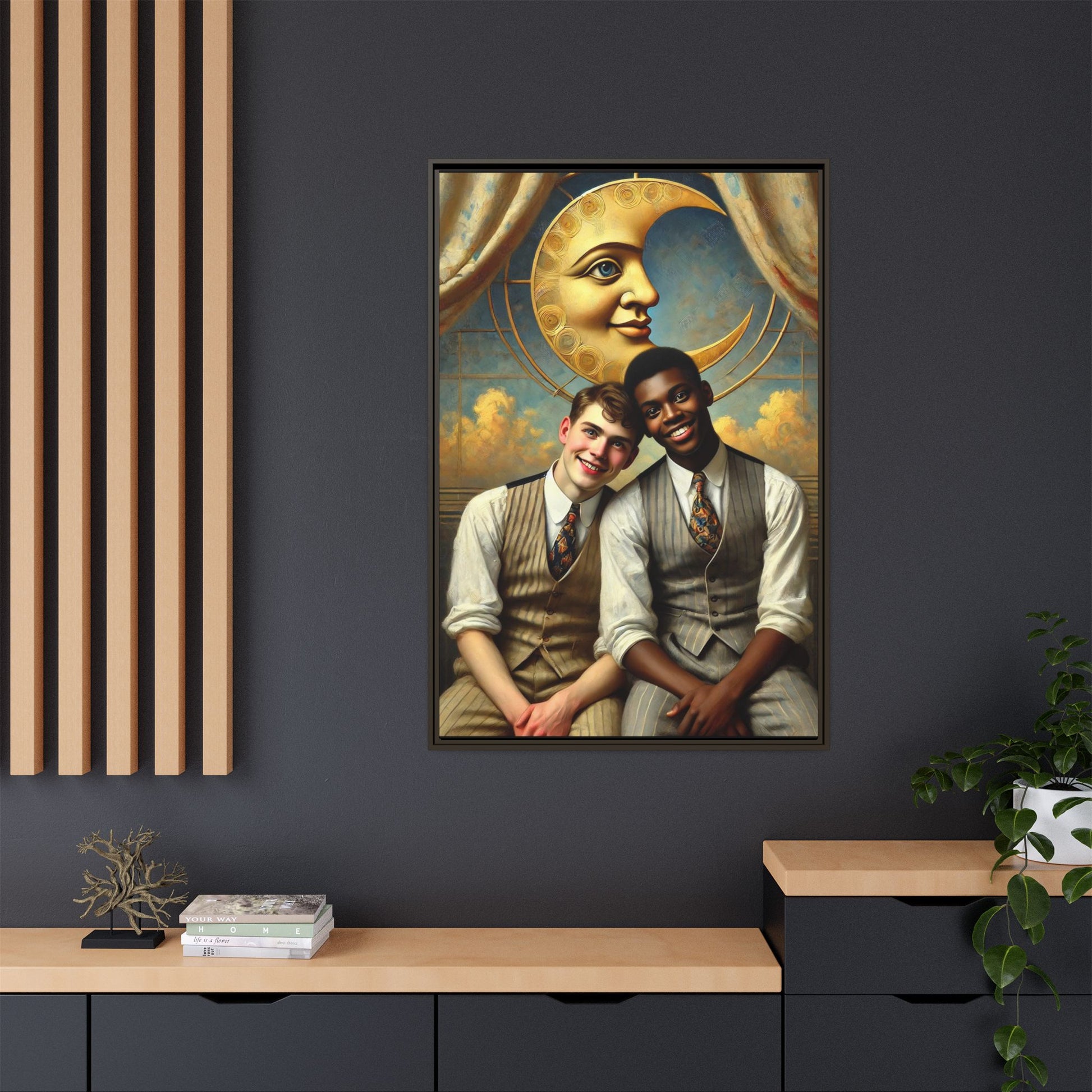 A vintage-style artwork showing a young interracial gay couple in 1920s attire sitting beneath a golden crescent moon with a serene expression. Their joyful closeness reclaims erased queer history and reflects the beauty of interracial love through a lens of tenderness and celebration.