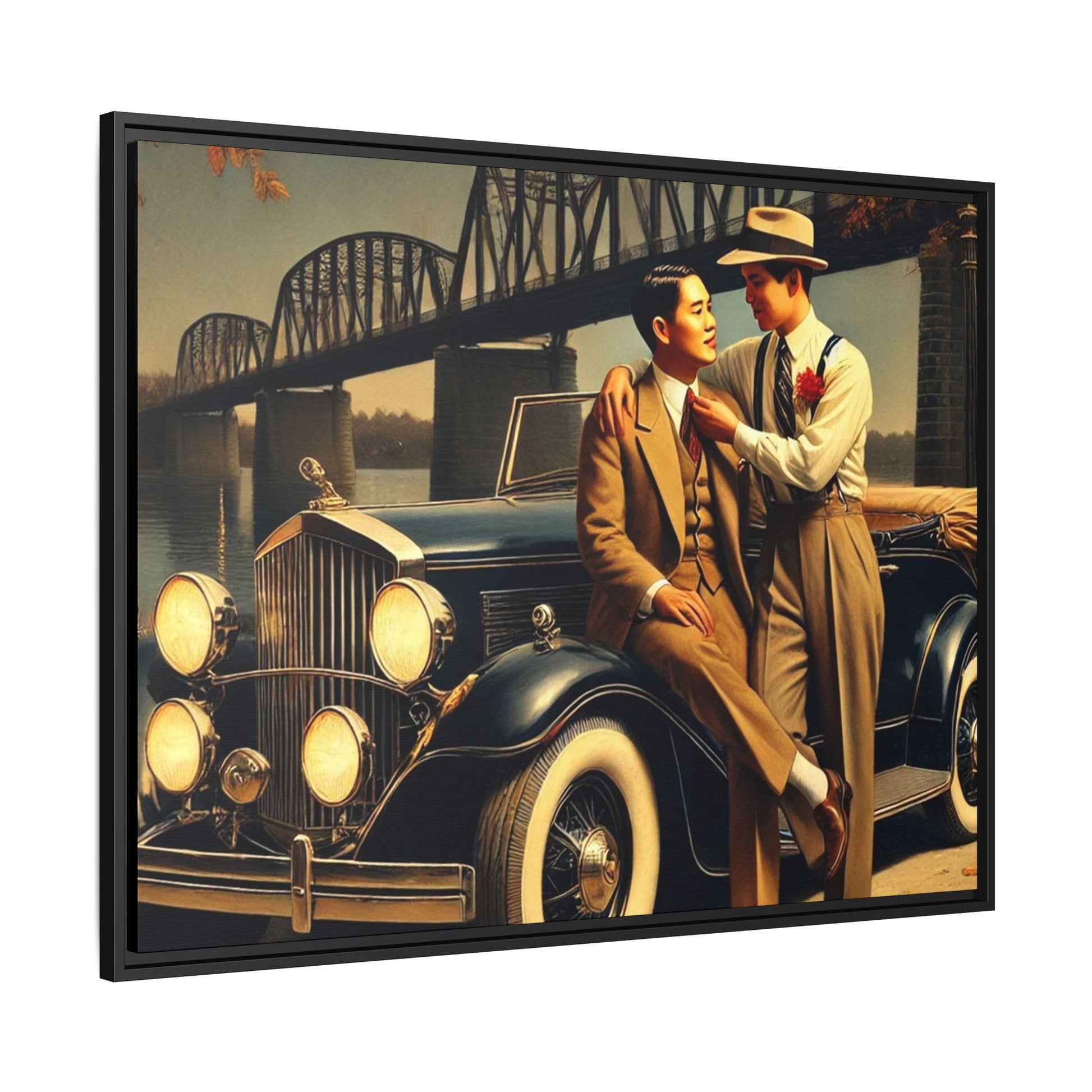 Exquisite vintage-style artwork of a gay Asian-American couple from the 1930s with a 1930 Packard car, celebrating love and inclusivity along the Mississippi River.