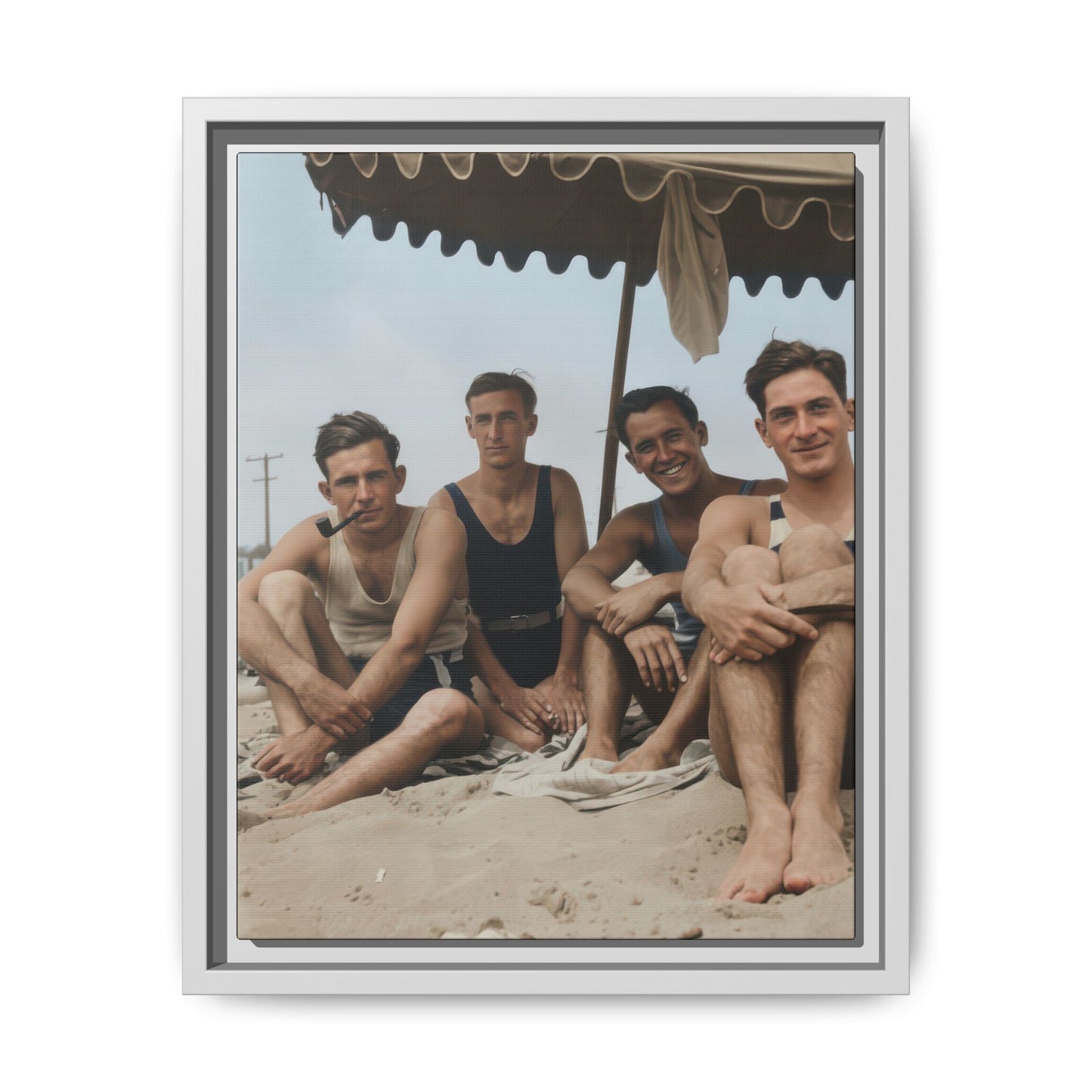 Vintage beach wall art featuring bathers in swimwear gathered under a shaded umbrella 