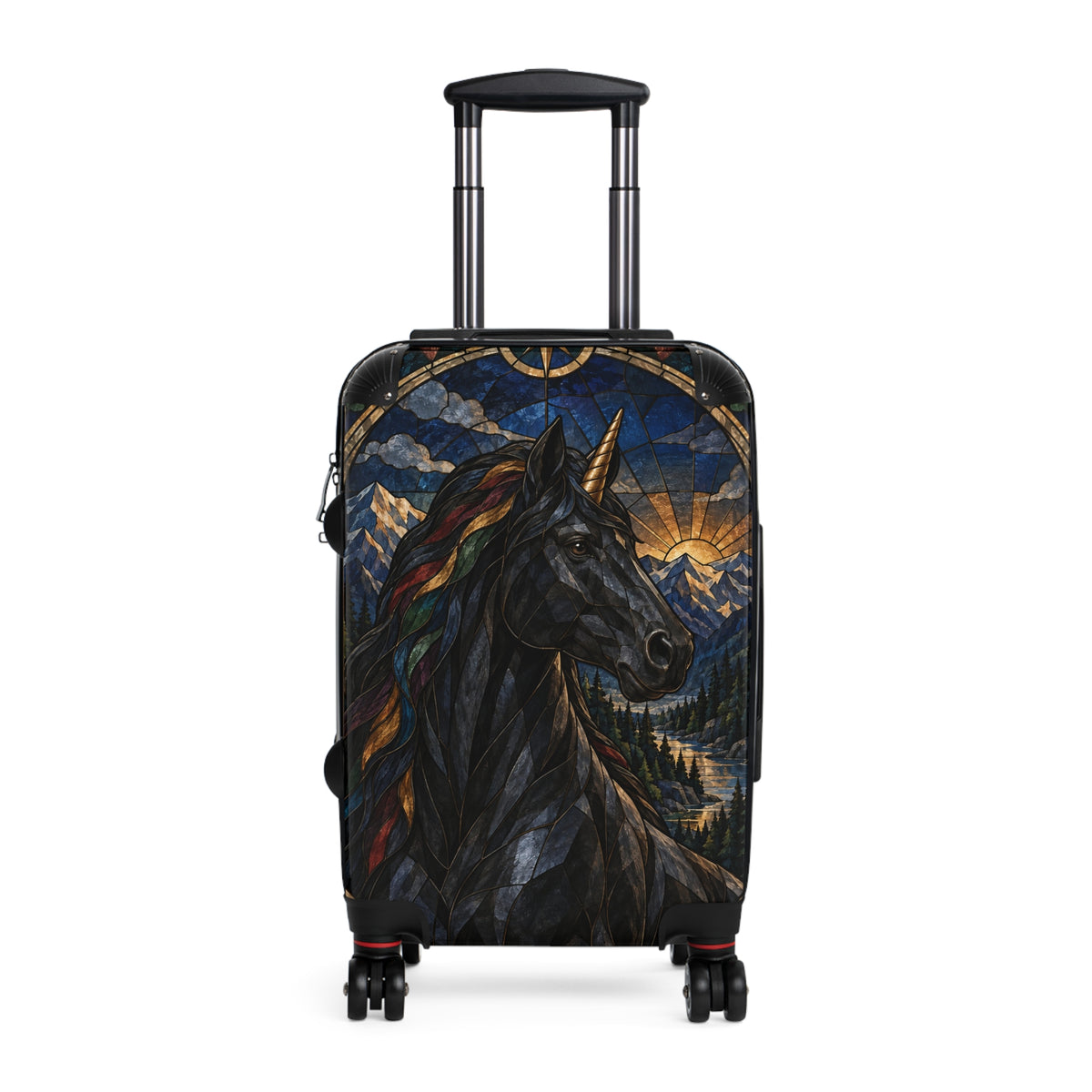 Guardian of the Rainbow Vale | Black Unicorn Stained-Glass Carry-On Suitcase