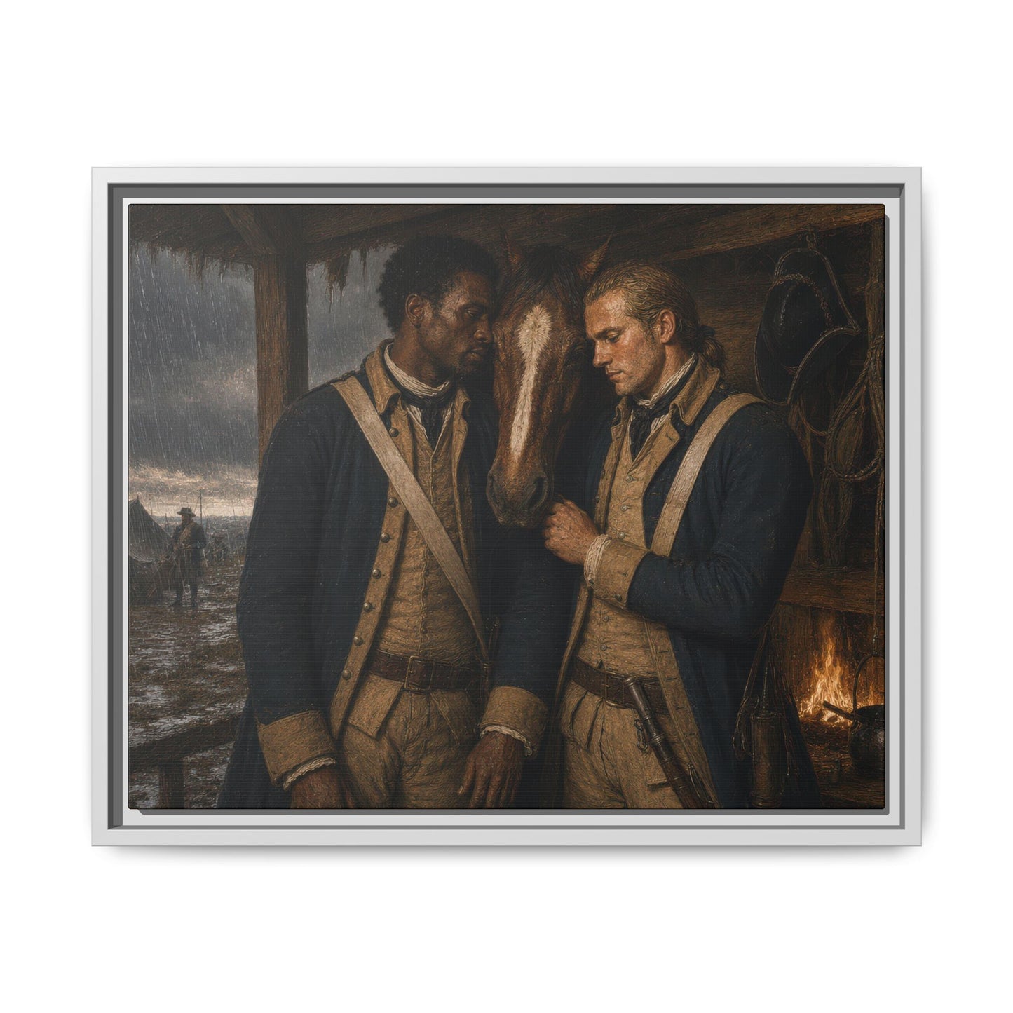 Museum-inspired portrait depicting Revolutionary War soldiers and a horse seeking shelter from rain near a military encampment.