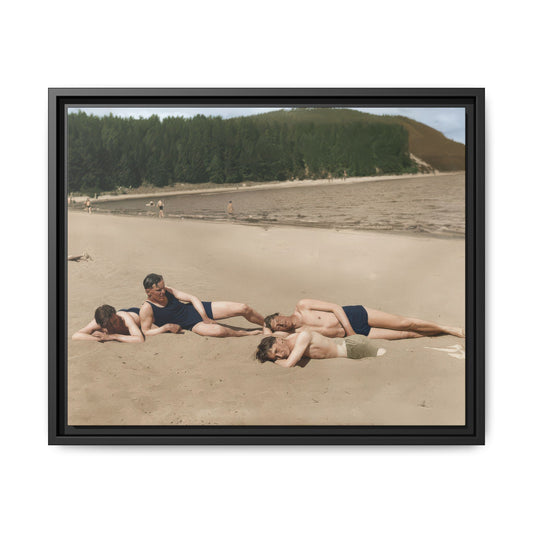 Historical beach photograph reproduced as framed matte canvas with wooded shoreline in background 