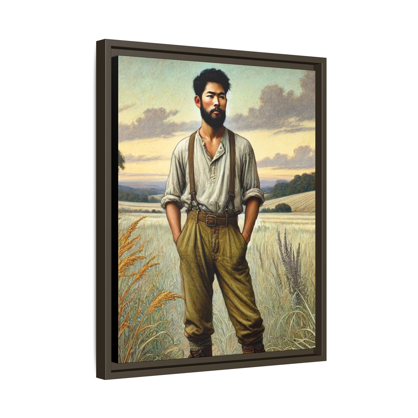 Framed artwork of an Asian-American farmer in 19th-century attire, inspired by Walt Whitman’s Leaves of Grass and Song of Myself, set against a serene rural backdrop of golden wheat fields and rolling hills.