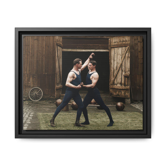 Vintage photograph of two unidentified athletes practicing a partner arm-control drill in a wooden training courtyard 